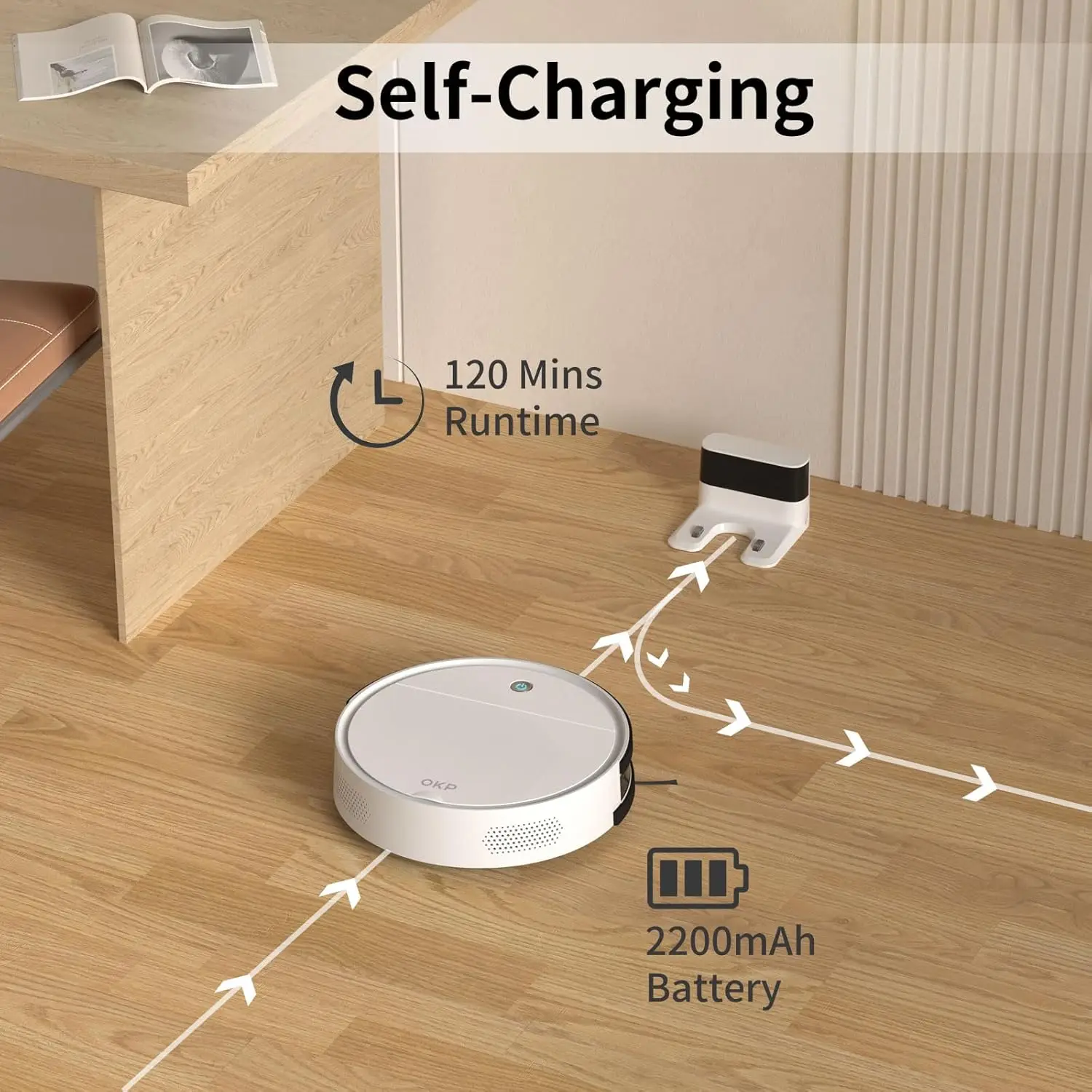 OKP K5 Robot Vacuum Cleaner 2500Pa, 120 Min Runtime, WiFi/App/Alexa, Self-Charging, Slim, Perfect for Hard Floors, Pet Hair - Image 6