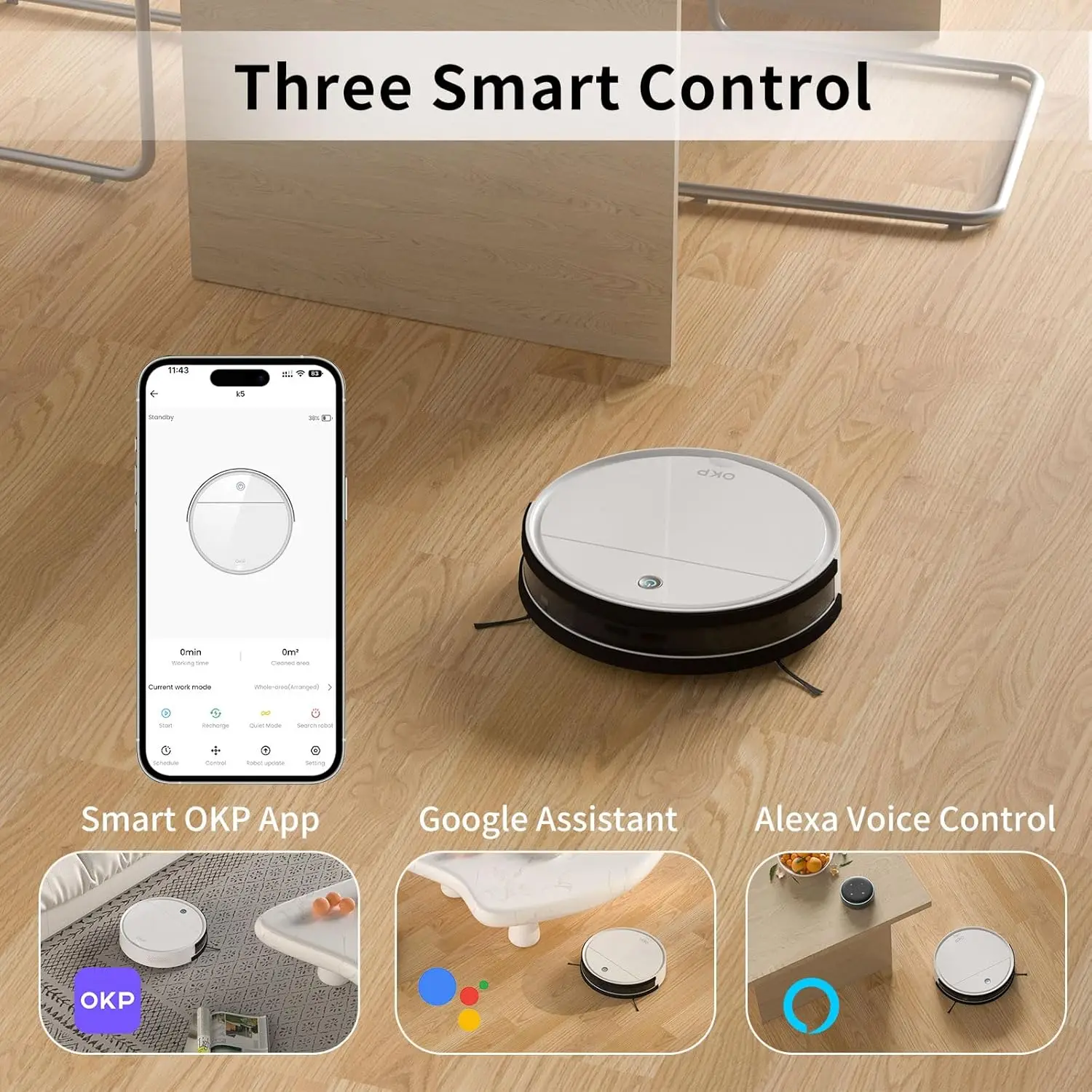 OKP K5 Robot Vacuum Cleaner 2500Pa, 120 Min Runtime, WiFi/App/Alexa, Self-Charging, Slim, Perfect for Hard Floors, Pet Hair - Image 5