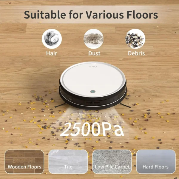 OKP K5 Robot Vacuum Cleaner 2500Pa, 120 Min Runtime, WiFi/App/Alexa, Self-Charging, Slim, Perfect for Hard Floors, Pet Hair - Image 2