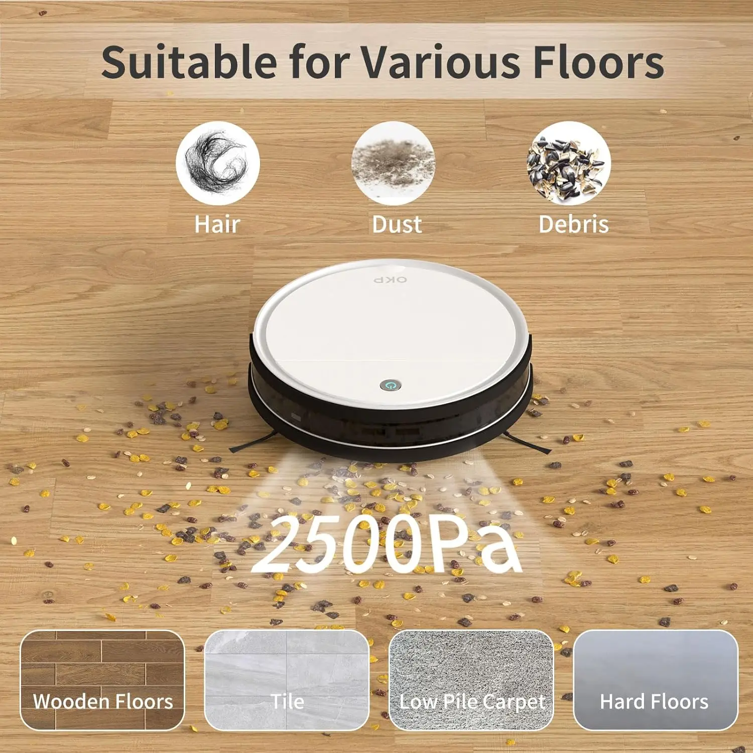 OKP K5 Robot Vacuum Cleaner 2500Pa, 120 Min Runtime, WiFi/App/Alexa, Self-Charging, Slim, Perfect for Hard Floors, Pet Hair - Image 2